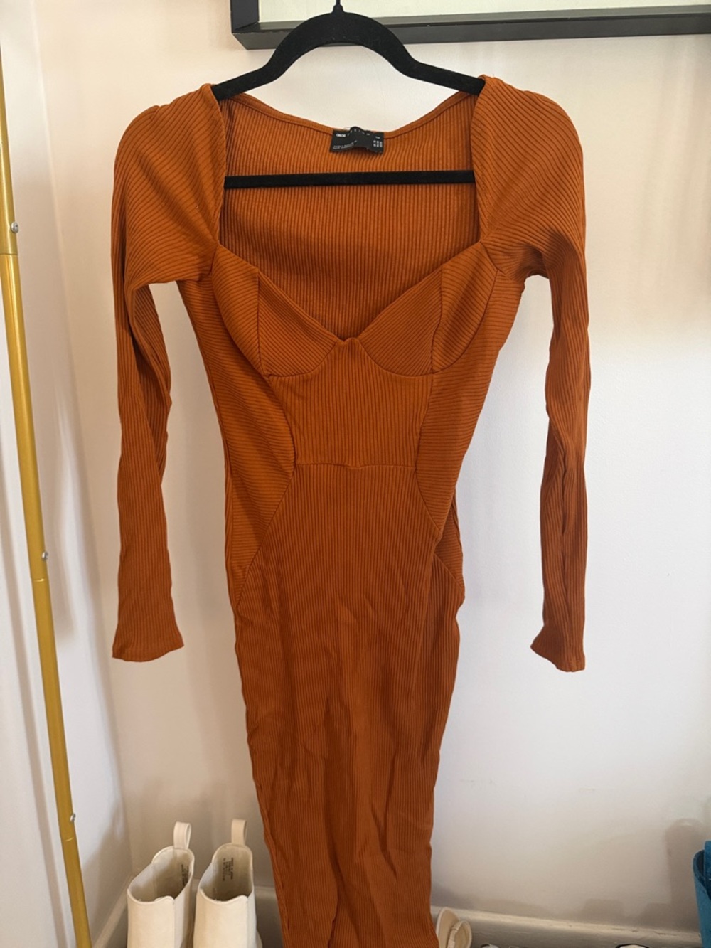 ASOS Ribbed Long-Sleeve Bodycon Dress in Rust